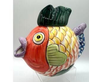 Vintage WCL China Hand Painted Ceramic Koi Fish Pitcher/Teapot